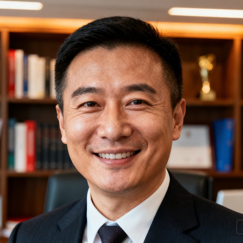 米兰体育CEO王磊，四十岁左右，穿着深色西装，面带微笑，背景是办公室书架